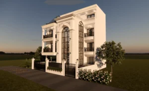 3D visualization of a neo-classical residential building designed by ST Builders.