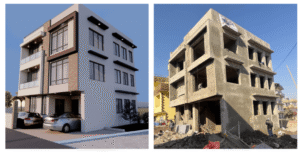 3D house design and ongoing residential construction project by ST Builders in Kathmandu.