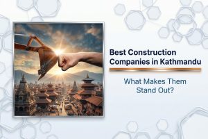 Construction excavator and human hand fist bump representing trusted construction companies in Kathmandu and quality building services.