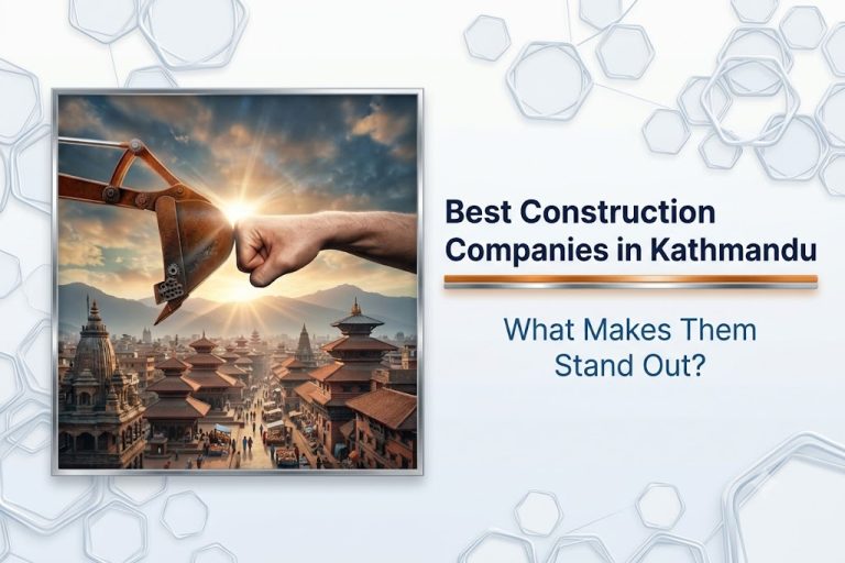 Construction excavator and human hand fist bump representing trusted construction companies in Kathmandu and quality building services.