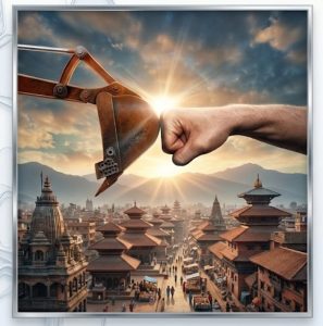 Construction excavator and human hand fist bump representing trusted construction companies in Kathmandu and quality building services.