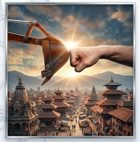Construction excavator and human hand fist bump representing trusted construction companies in Kathmandu and quality building services.