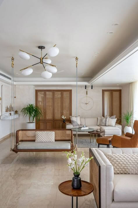 Interior design in Nepal, featuring a sophisticated living space with a blend of traditional wooden elements and modern luxury furniture.