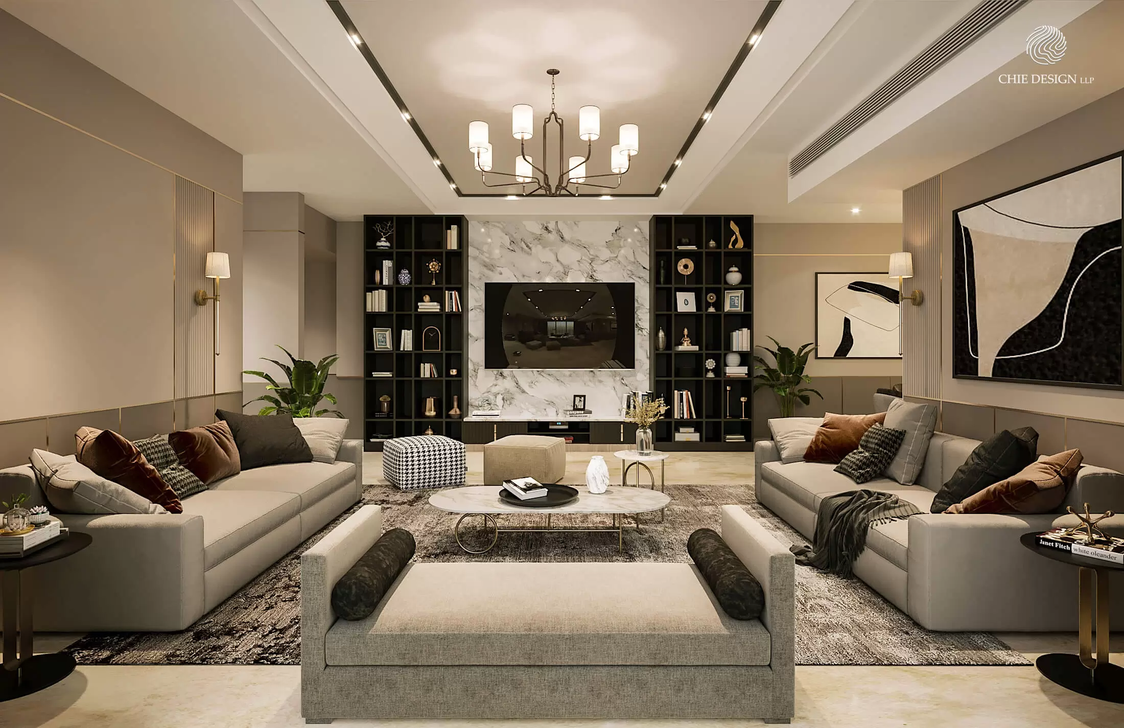 Sophisticated modern living room interior design in Nepal featuring a crystal chandelier, ambient lighting, and neutral-toned luxury furniture.