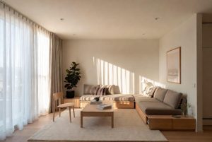 Modern, minimalist living room interior design in Nepal with neutral tones, warm lighting, and functional, space-saving furniture.