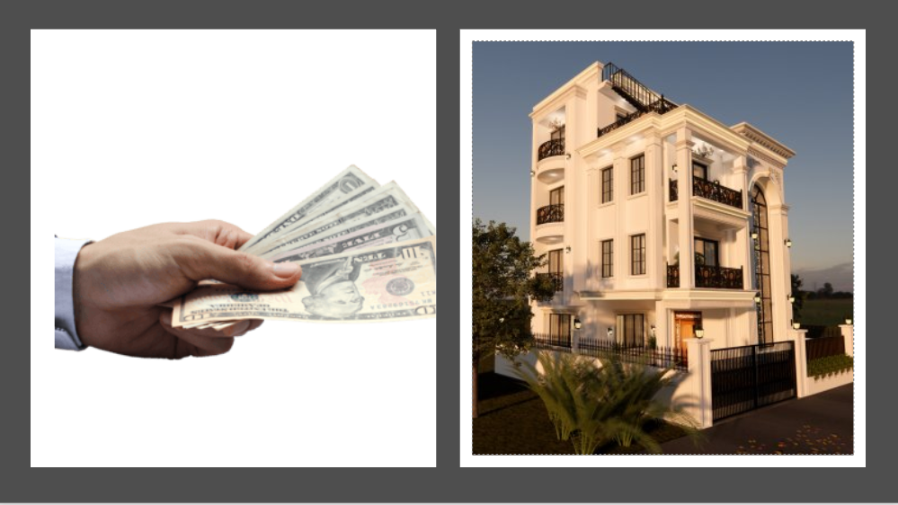 Hand holding cash next to a 3D rendering of a neo-classical house, illustrating per sq ft construction cost in Nepal.