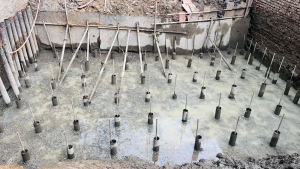 Pile foundation work at ST Builders residential construction site in Bhotebahal, Kathmandu following geotechnical soil testing recommendations.