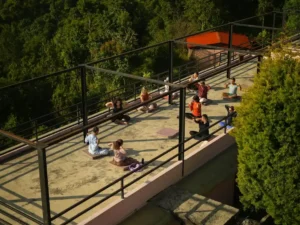Open terrace at Naikap Village Resort, providing a peaceful space for guests to practice yoga.