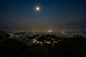 Night view of Kathmandu Valley from Naikap Village Resort terrace.